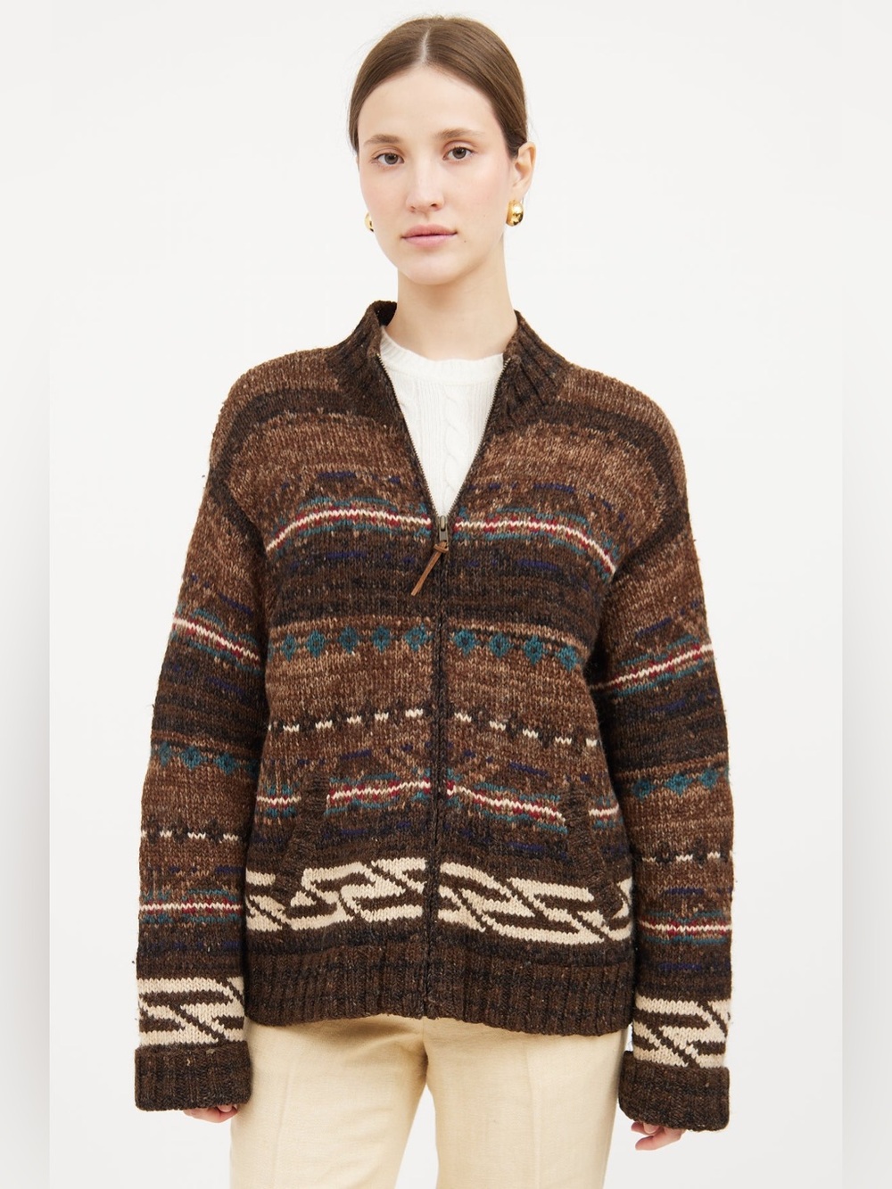 Lauren Ralph Lauren Sweater Hand Knit Alpaca Wool Fair-Isle Sweater Aztec